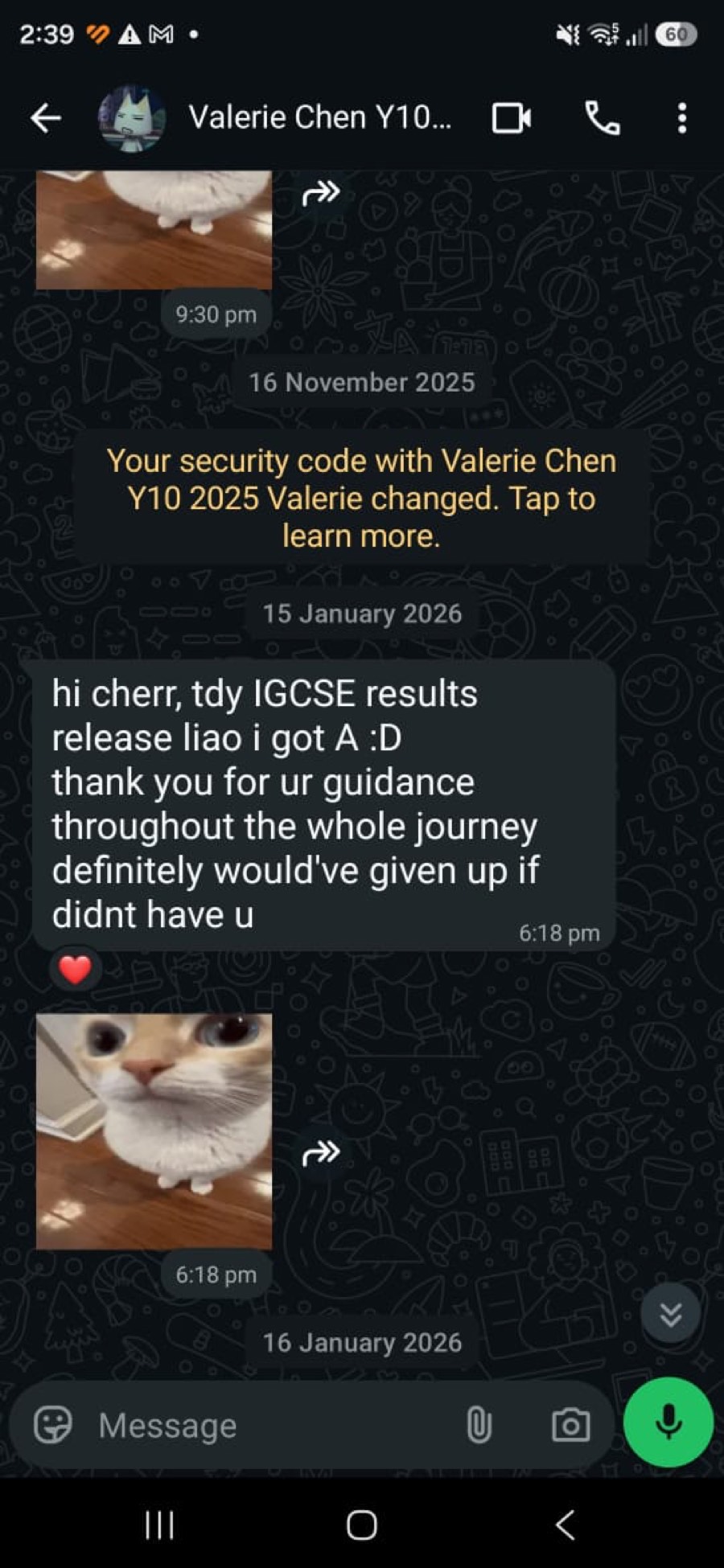 WhatsApp message from a student