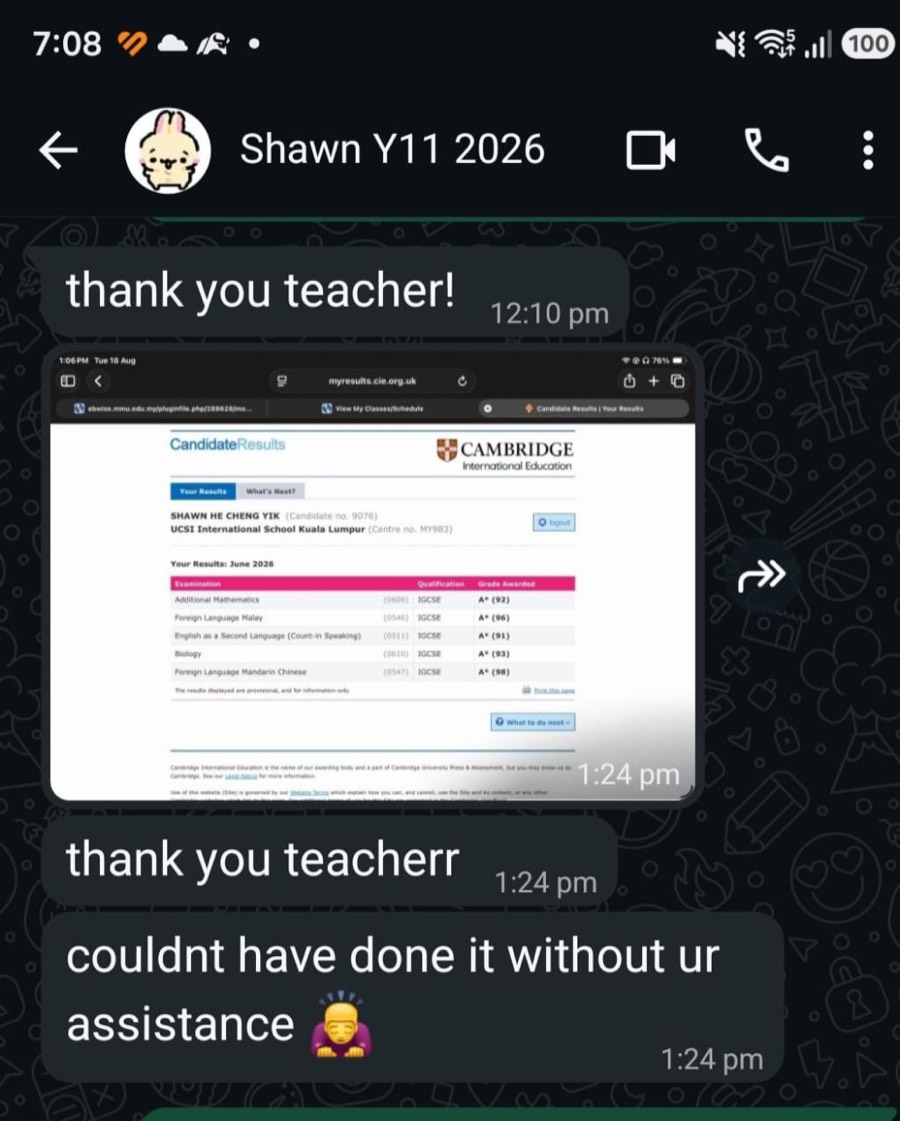 WhatsApp message from a student
