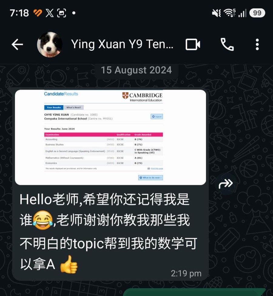 WhatsApp message from a student