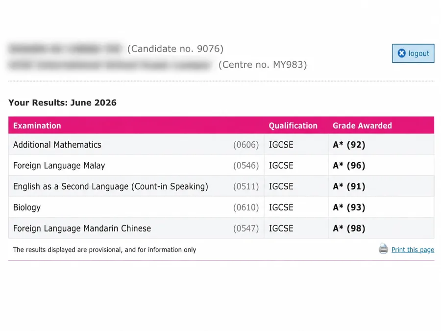 IGCSE exam result